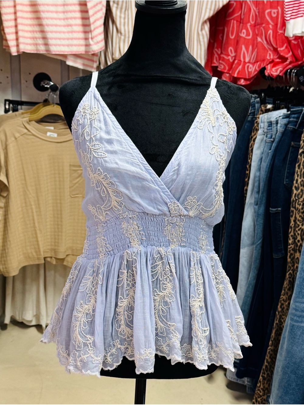 Light Blue Lace-Trim Peplum Cami Top - By POL